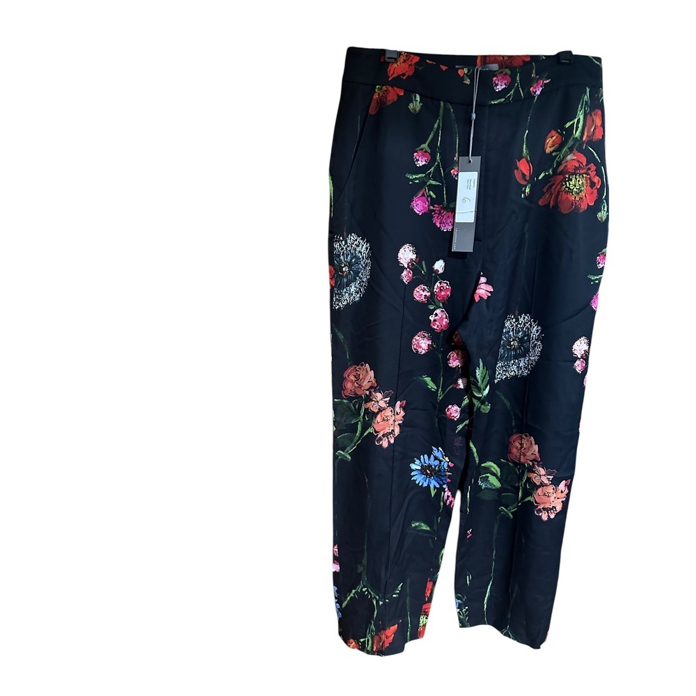 Lela Rose Women Black Floral Botanical Straight Leg Trousers Pants Size 6 NEW
